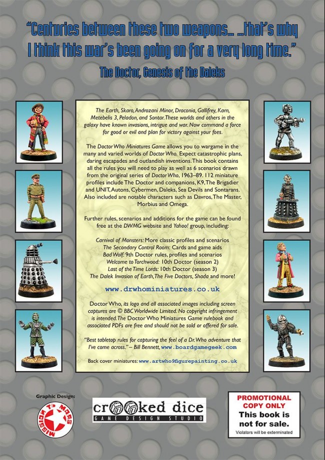 Doctor Who Miniatures Game Back Cover (Crooked Dice Game Design Studio)