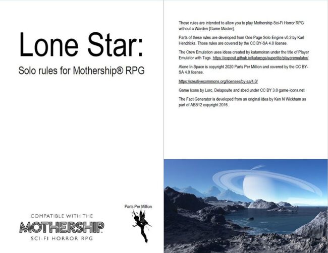 Lone Star Solo Rules for Mothership RPG Interior (Parts Per Million Games)